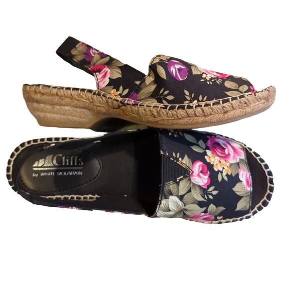 Cliffs Chyme Black Floral Espadrille Slingbacks Jute accent 1.5" Heel size 6 NWT - Picture 1 of 7